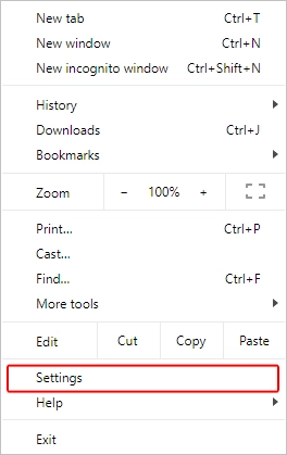 Chrome menu Settings selector