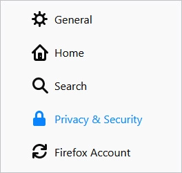 Firefox Privacy and security selector.