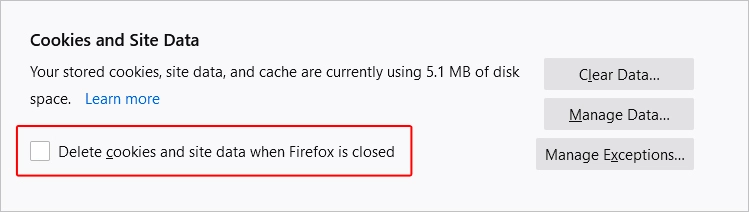 Firefox Clear site data and cookies on close