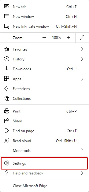 Edge Settings selector in Edge