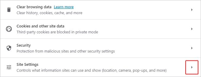 Opera site settings selector