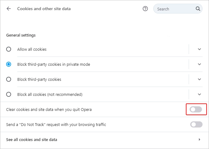 Opera clear cookies and site data